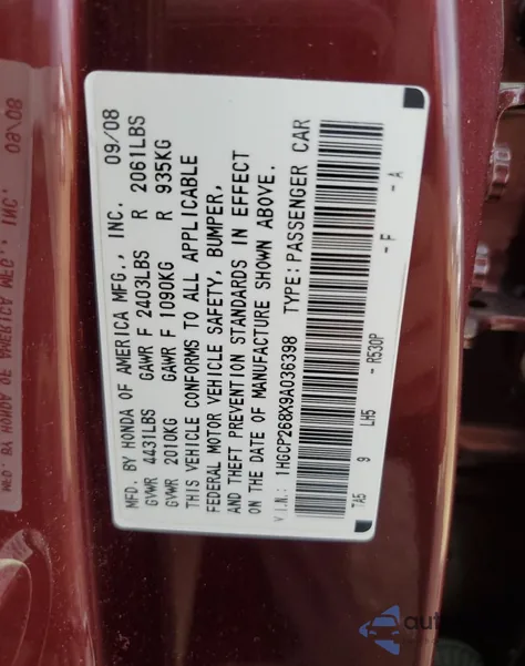 2009 Honda Accord Exl z USA, uszkodzony, nr VIN 1HGCP268X9A036398